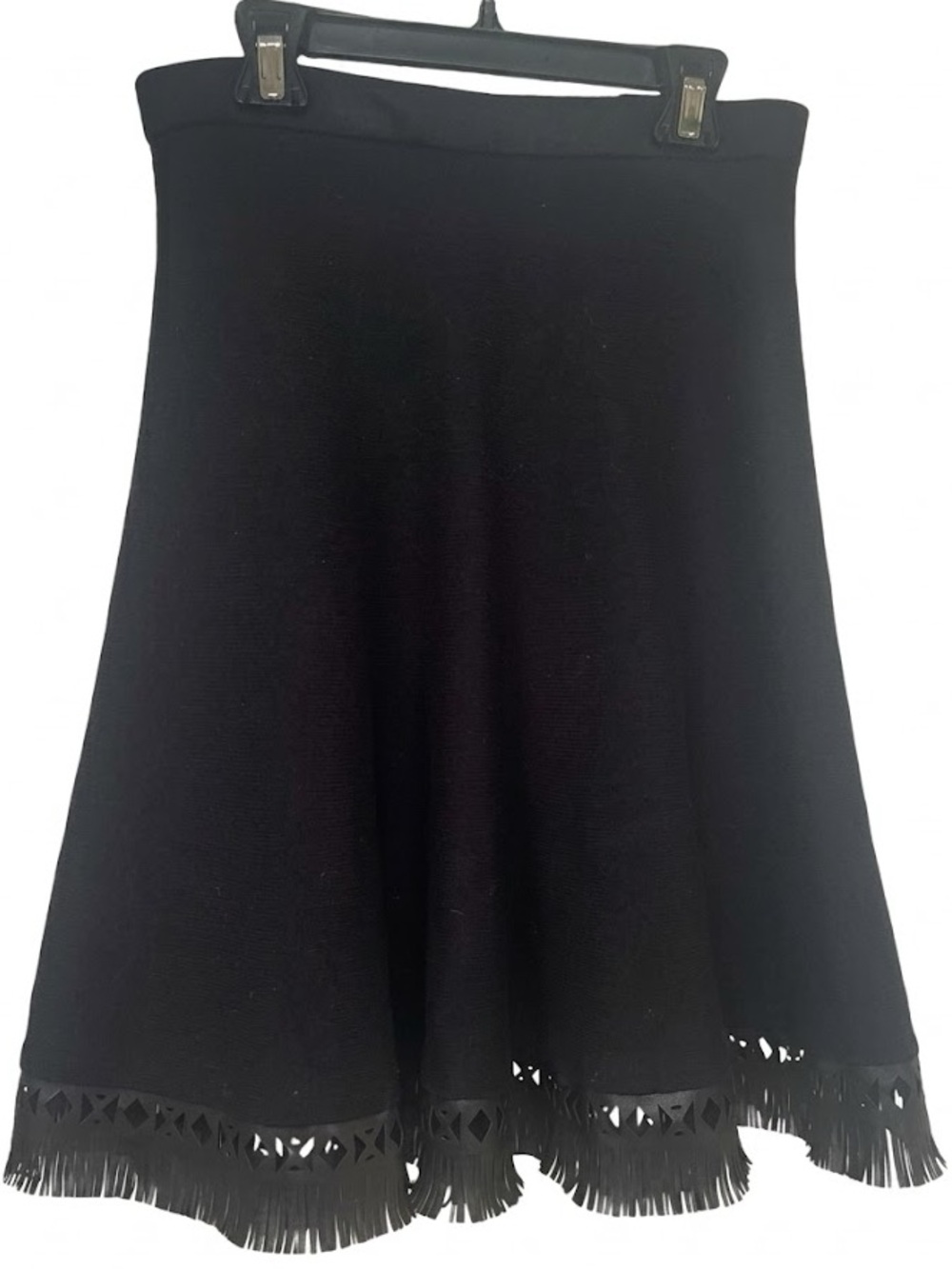 Catherine Malandrino Black Knit Laser Cut Faux Leather Fringe Hem Skirt Medium